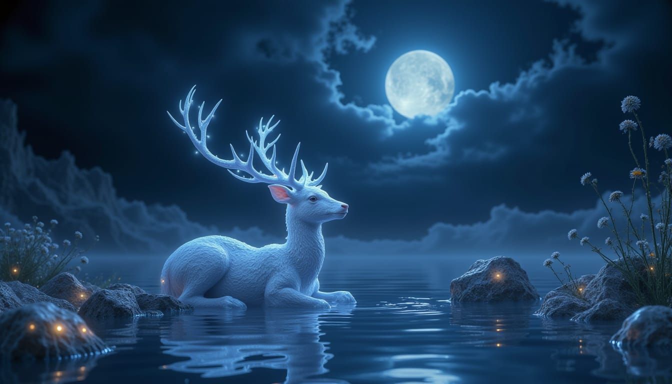 Moonlight Spirit Deer at Pond 🦌🌙💧