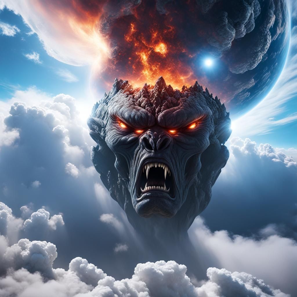Photography of a massive and ferocious Alien head facing the camera appearing in the sky out of a giant explosion, plane...