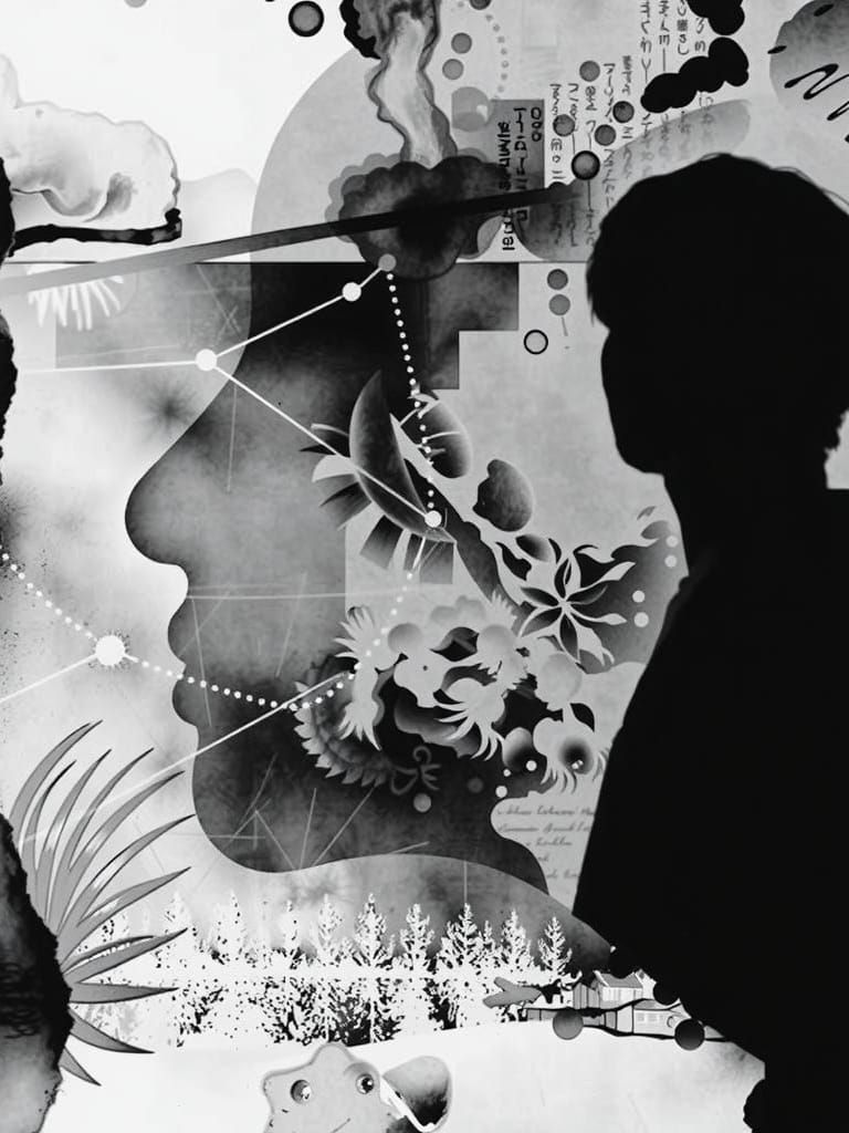 <lora:Monochrome:1.0>  Shadows and light  make patterns in the mind black and white   mystical and poetic dreamlike Paul Klee, surreal and c...