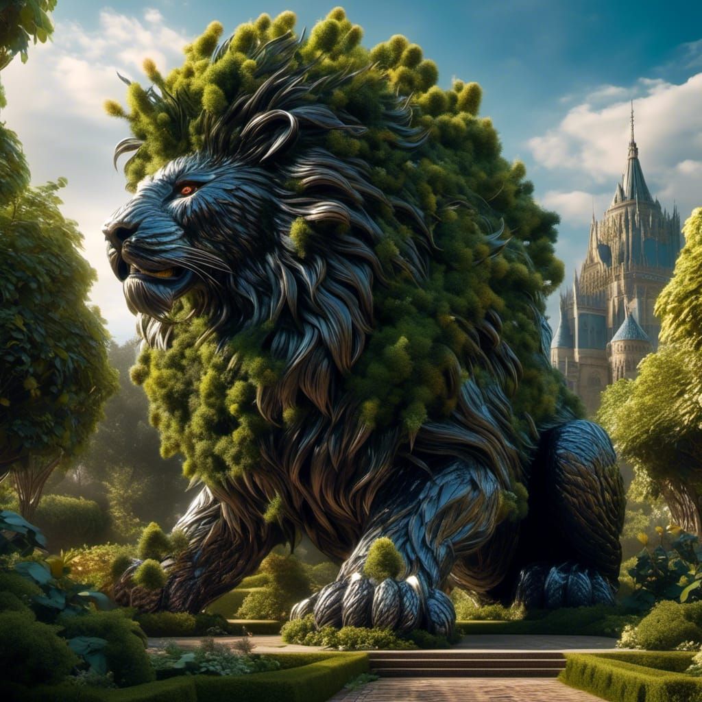 <lora:Monster Manual Vol 1:1.0> Fantasy, Epic, Amazing Composition, Ultra HD, Hyperdetailed, scene featuring a Lion Topiary Guardian, a lar...