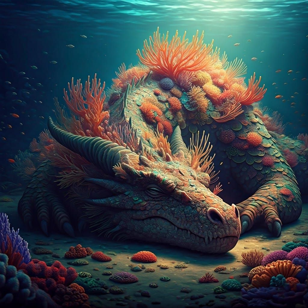 A dragon sleeping restfully on the bottom of the ocean with a gorgeous, colorful organic coral reef growing on its back.  Marine fish are sw...