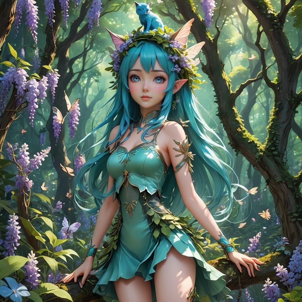 kawaii, aqua blue haired anime fairy woman in a forrest with a fairy cat on  her head. full body, looking up. Forrest lush and full of plants... - AI  Generated Artwork -