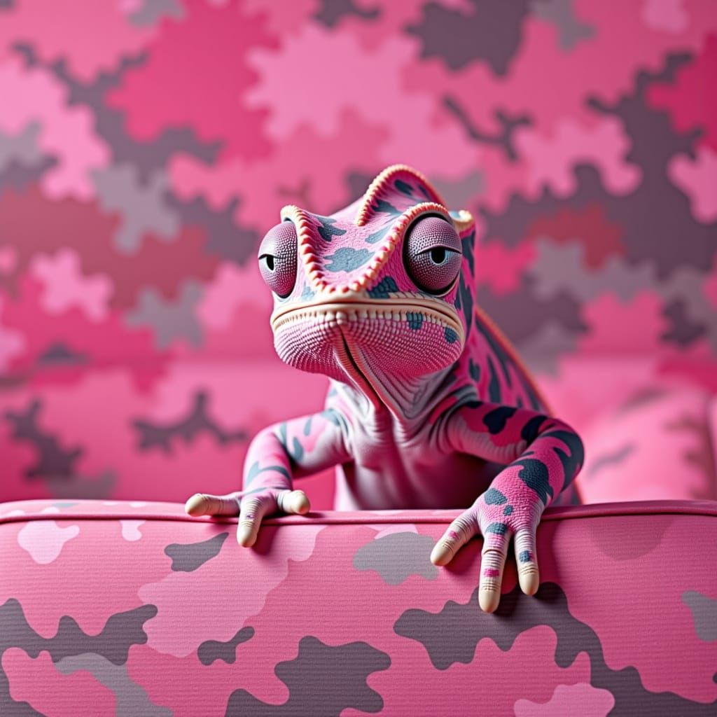 stunning close-up super zoomed in photograph captures an intricate pink camouflage chameleon with a puzzled expression, perched on the backr...