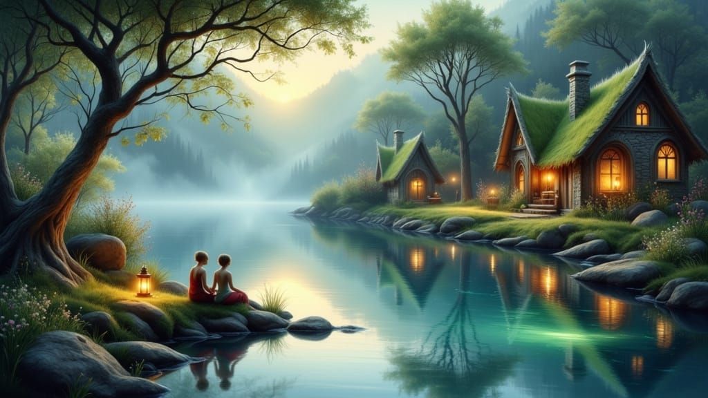 Serene Elven Village by Crystal Lake in Watercolor Style