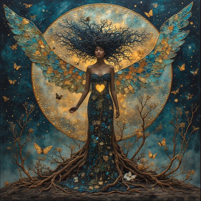 She rises from a dark forest floor, blossoming like a tree w...