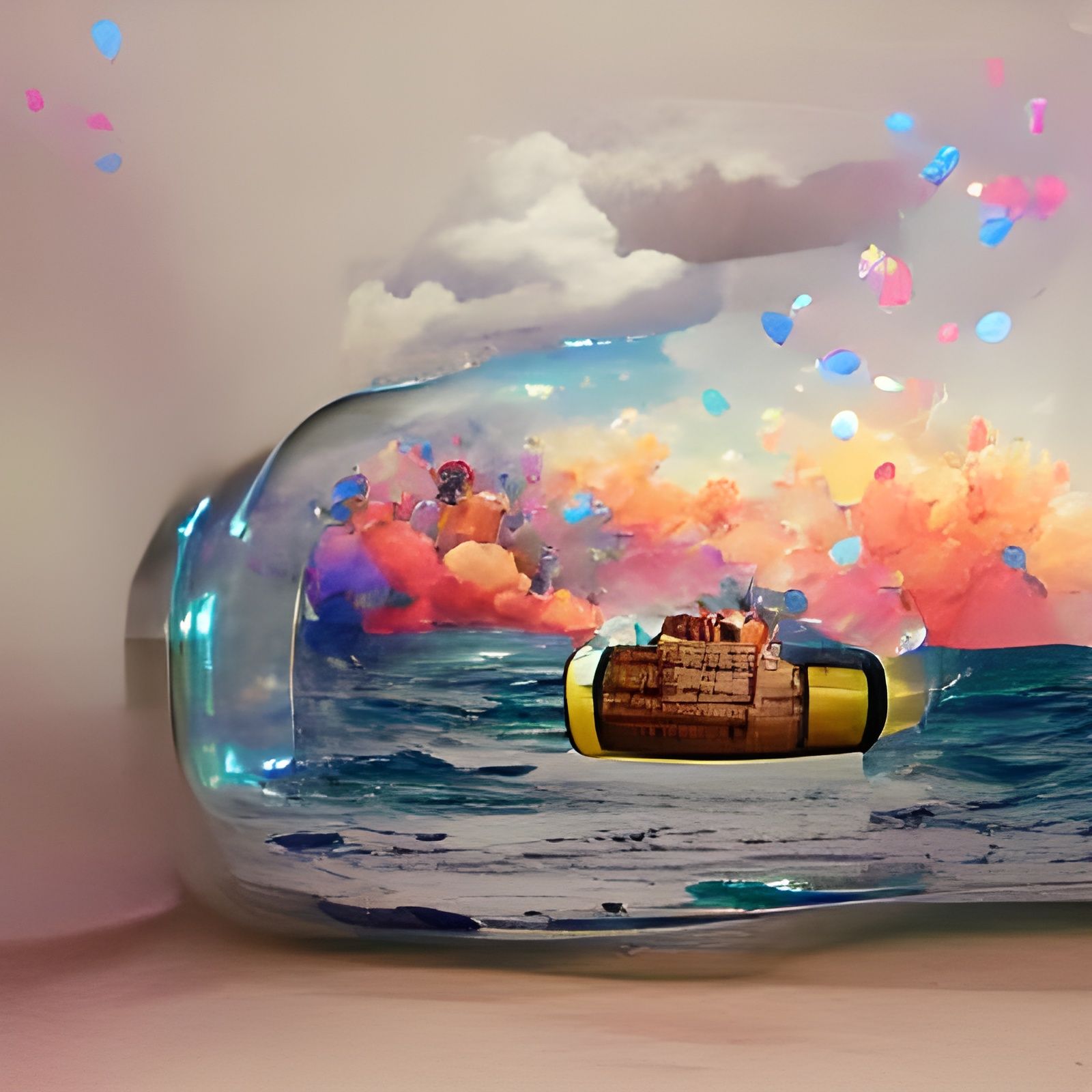 Happiness exploding out of a ship in a bottle