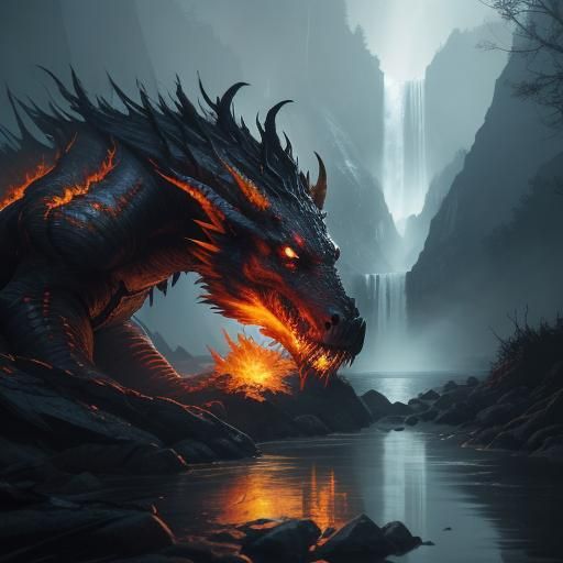 Monster Emerging from Waterfall in Dark Fantasy Style