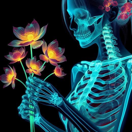 Skeleton of woman holding flowers