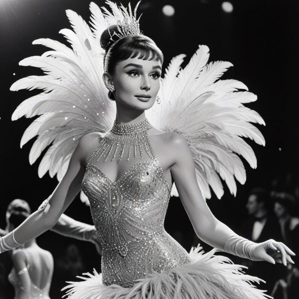 Audrey Hepburn as a showgirl with feathers, sequins and glitter.  by @Eto Demerzel