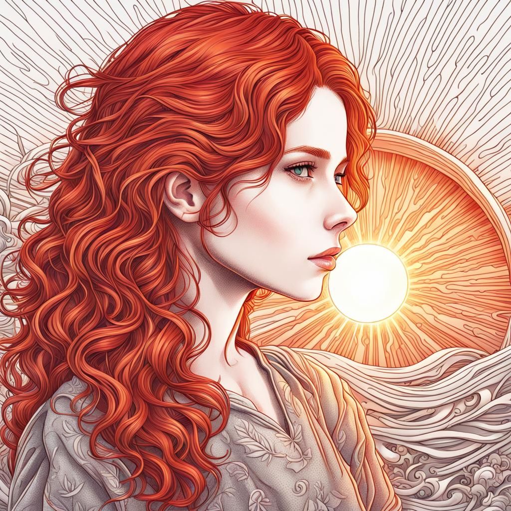 A red haired girl with a shining blazing sun holding it in h...