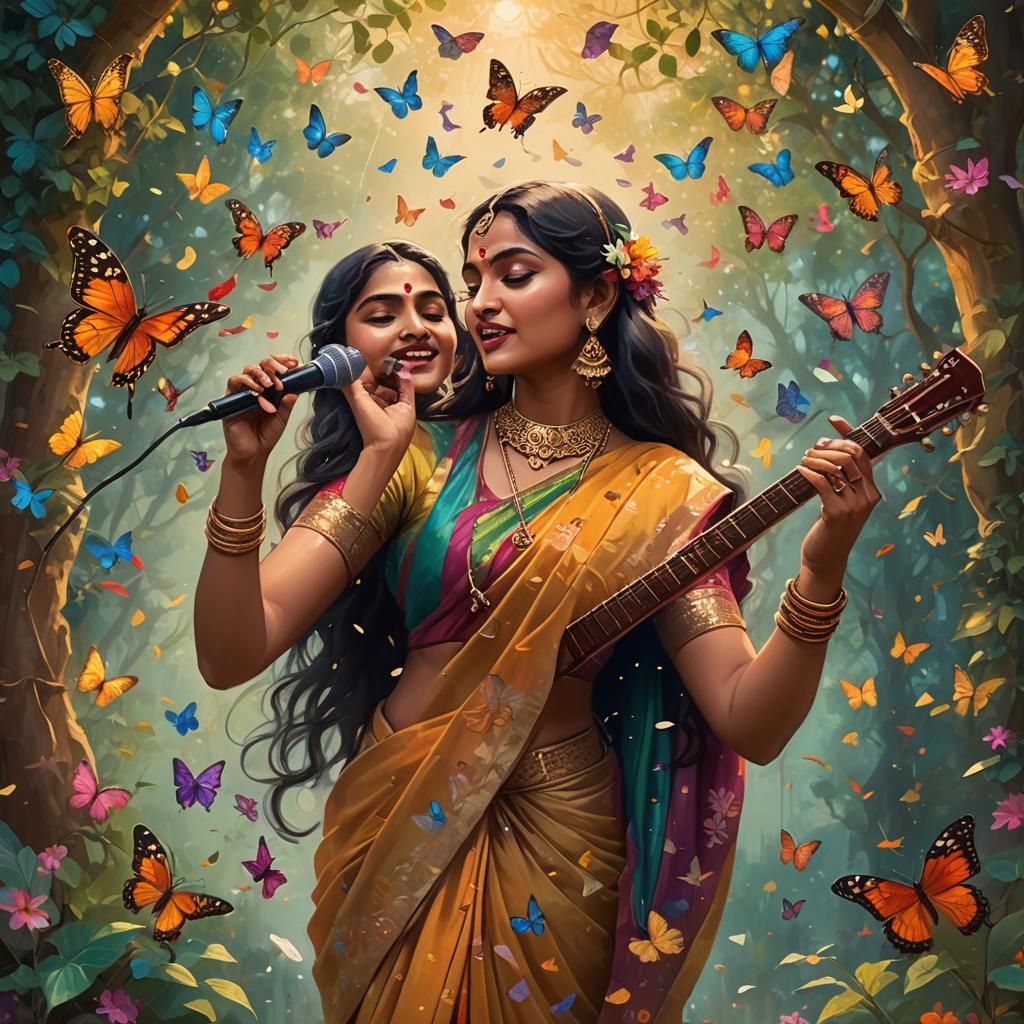 A Indian lady singing in karaoke surrounded by butterflies and music 
