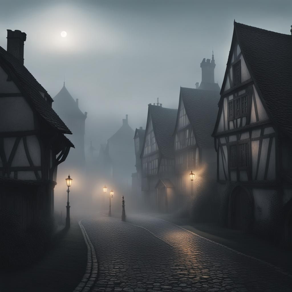 A European village shrouded in mist, with creaking buildings and