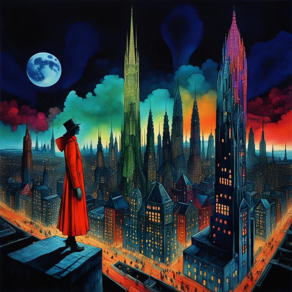 High resolution photography double exposure of a nightclub full of goths And a neon city scope at night  full of skyscrapers under the star...