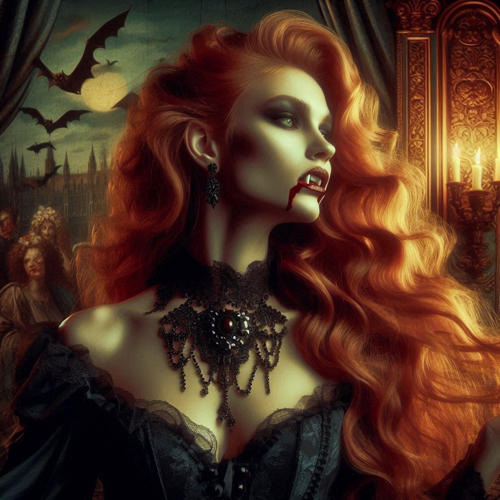 scene of great Ginger haired woman vampire, slight, delighfu...