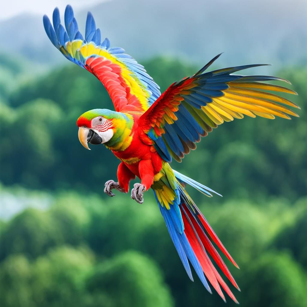 hyper-realistic and ultra-detailed photography of a colorful parrot with hyper-realistic details, adds a "motion blur" effect to its wings m...