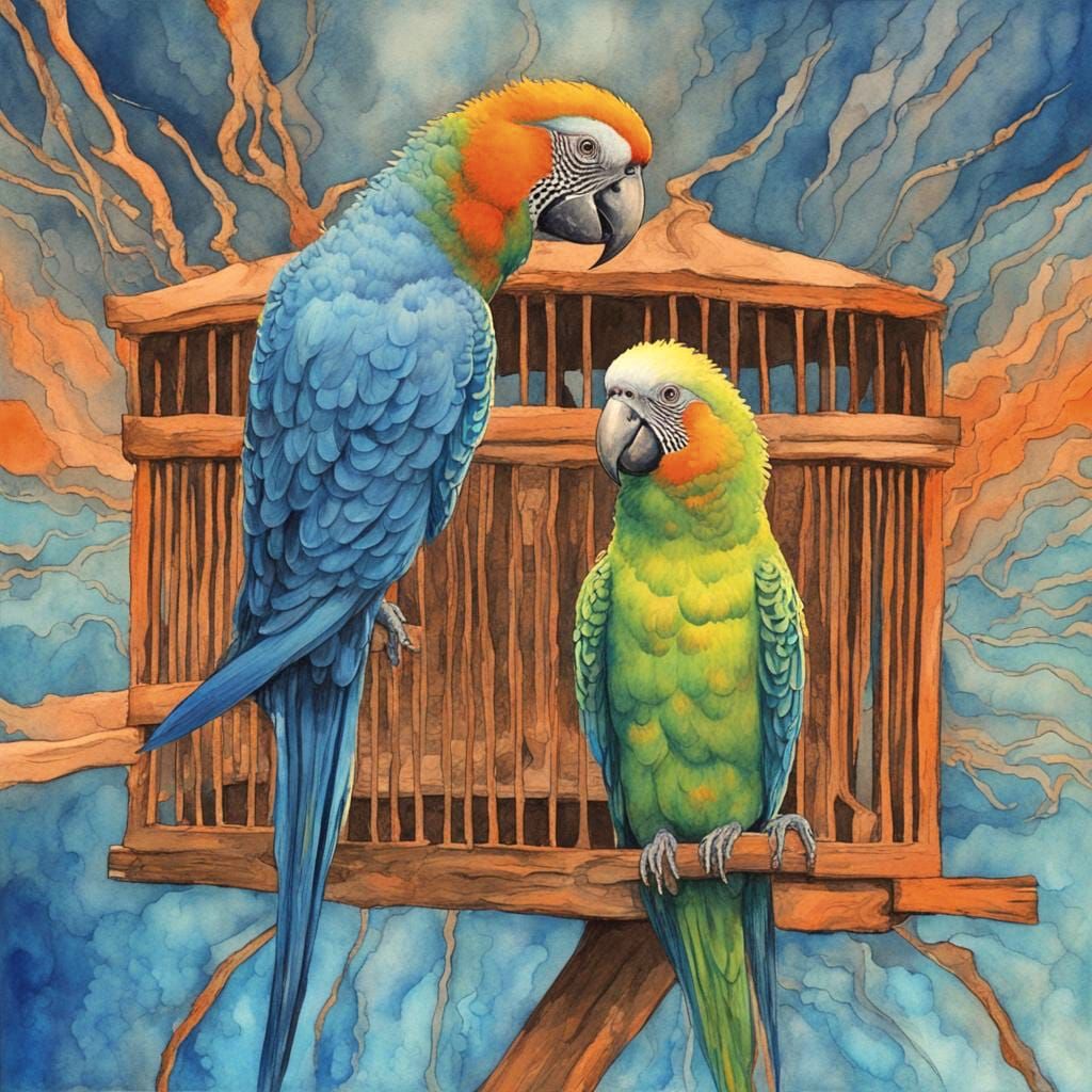 An intensely emotive anthropomorphic screaming watercolor parakeets wearing a diaper, reminiscent of Edvard Munch's iconic The Scream, stand...