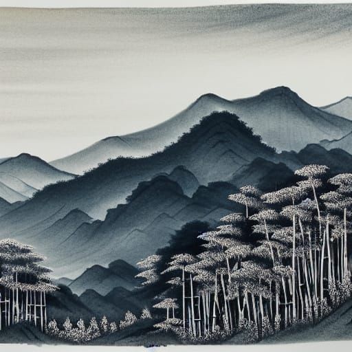 Mountain Ridge in Sumi-e Ink Painting