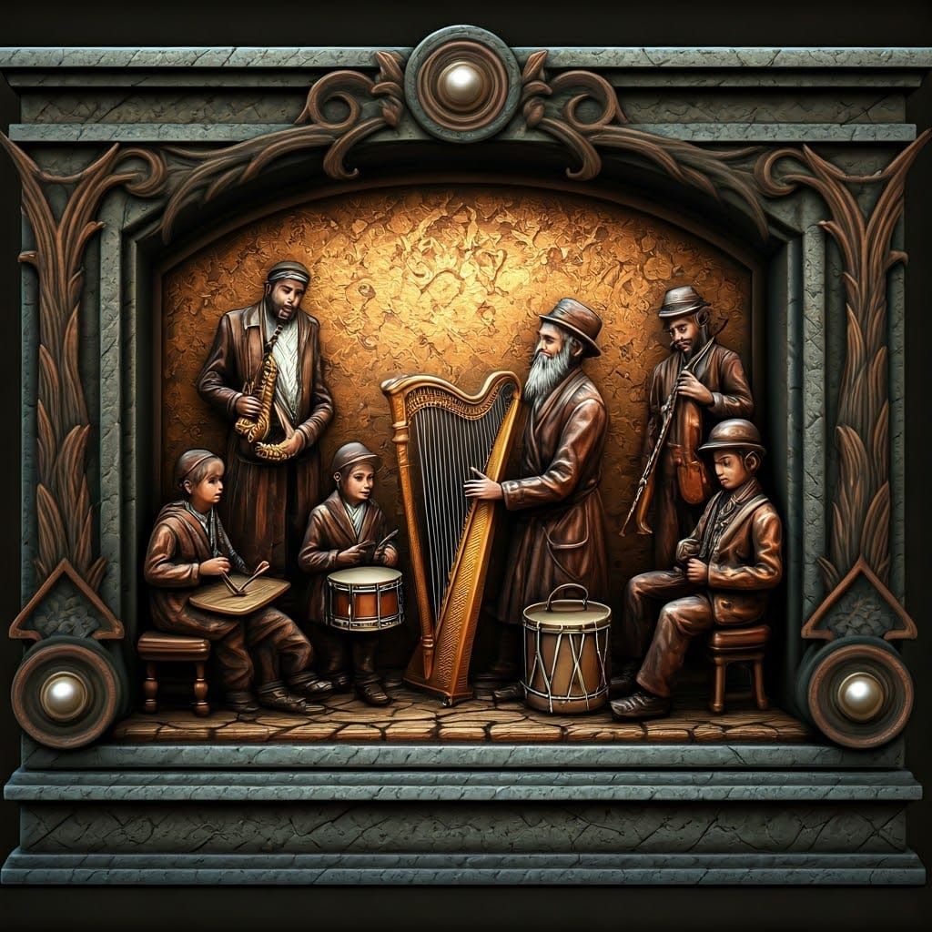 מוצגים מיניאטורי של כנר עם כינור וסקסופון ביד אחר ונבל ביד יהודי חרדי ותוף