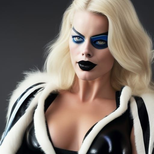 Margot Robbie as Black Cat curvaceous Caucasian female, whit...