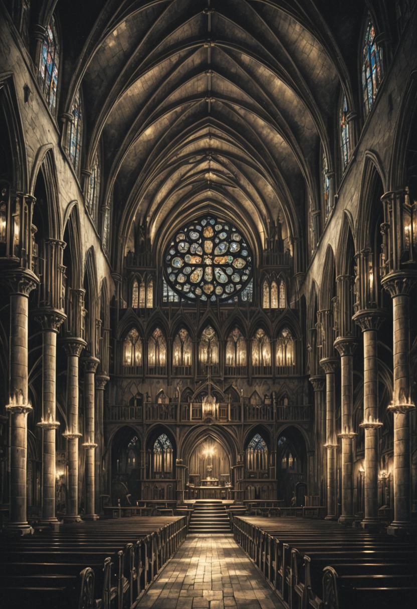 At midnight inside a gothic cathedral. in the background a cracked, dirty white upside-down cross hangs ominously above a choir loft with cu...