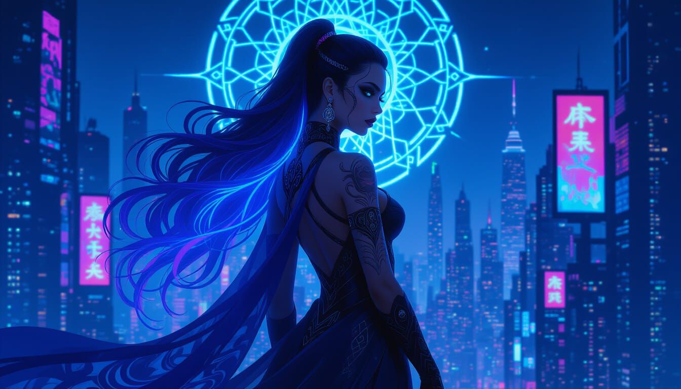A breathtaking portrait of a cyberpunk goddess with flowing, bioluminescent hair, adorned with intricate tattoos that pulse with neon light,...