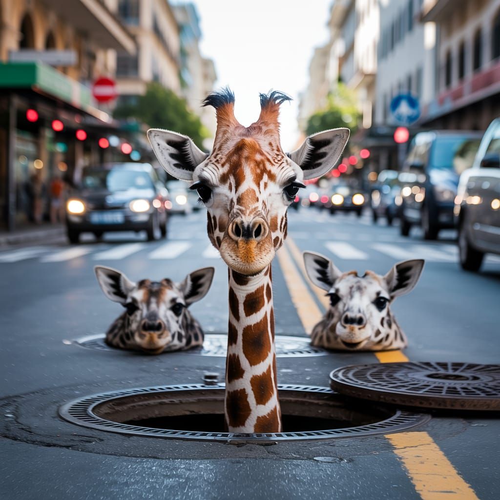 A Giraffe’s head sticking out from the manhole of busy street. Some other animals are watching him with ...  by @undefined