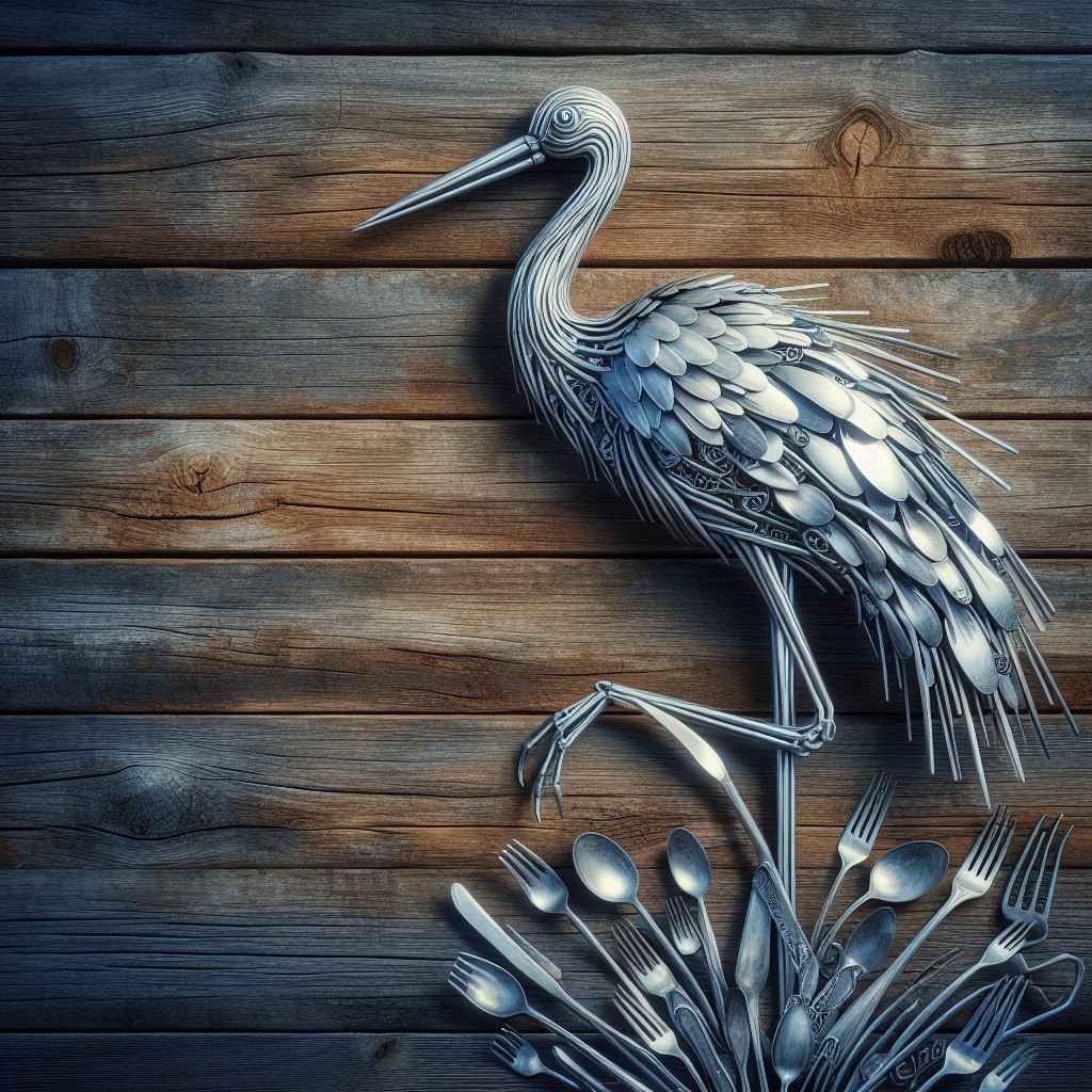 A sculpture of a stork made entirely from forks and spoons