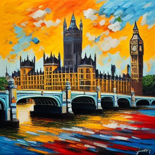 <lora:Impasto15:1.0> London quarter people Big Ben tower sunny day bold color colorful vibrant 