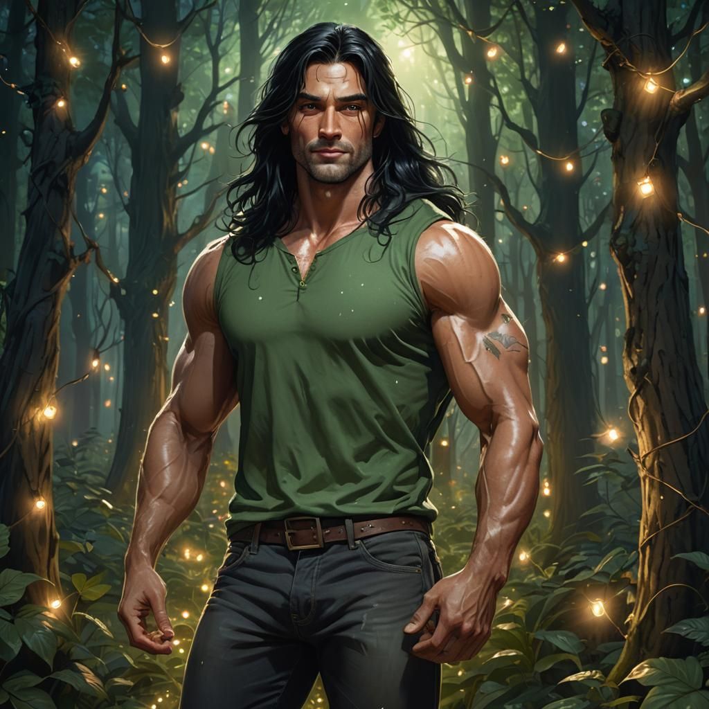 a man with long black hair and a kind personality, bright ey...