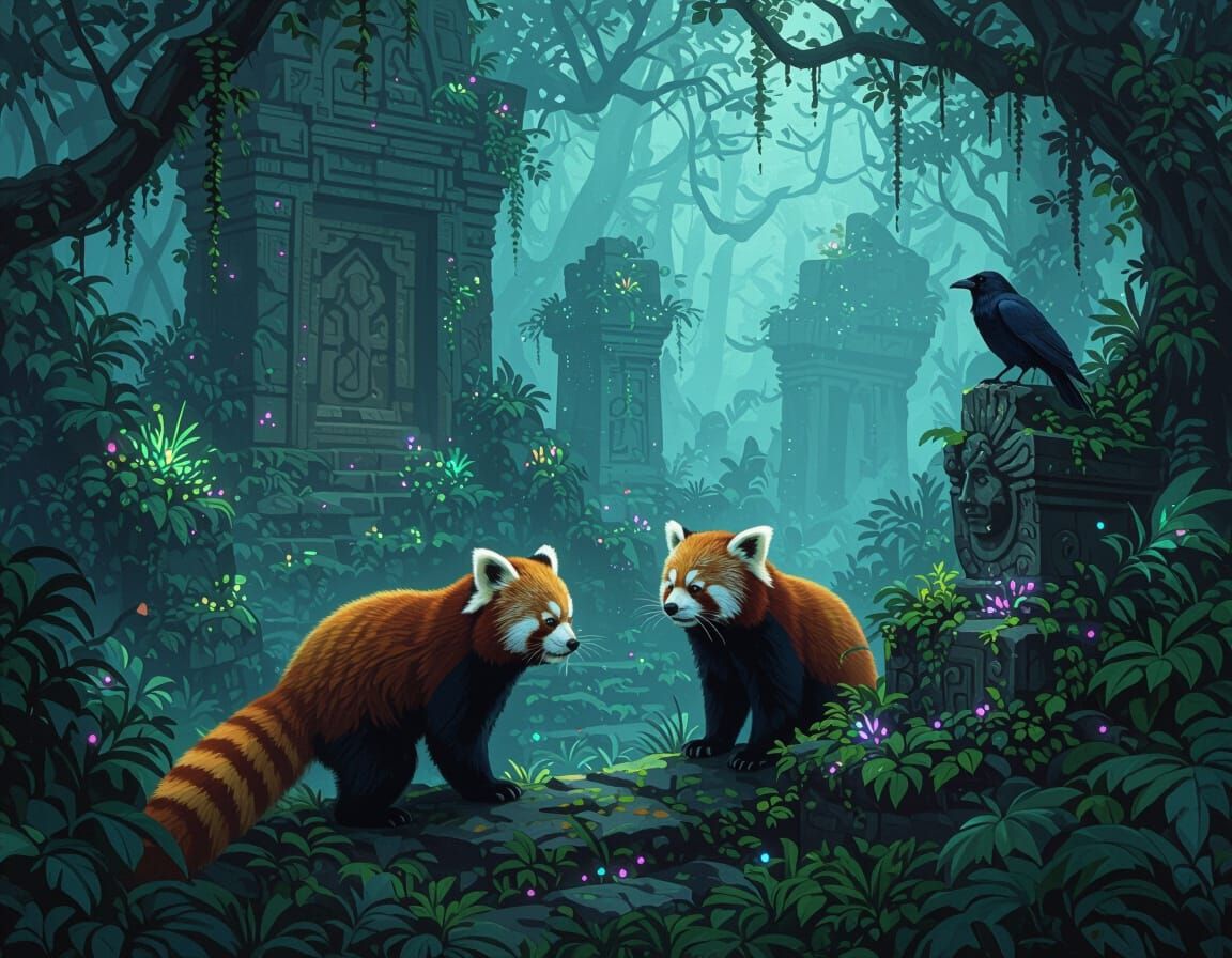 Two red panda in a dark fantasy forest