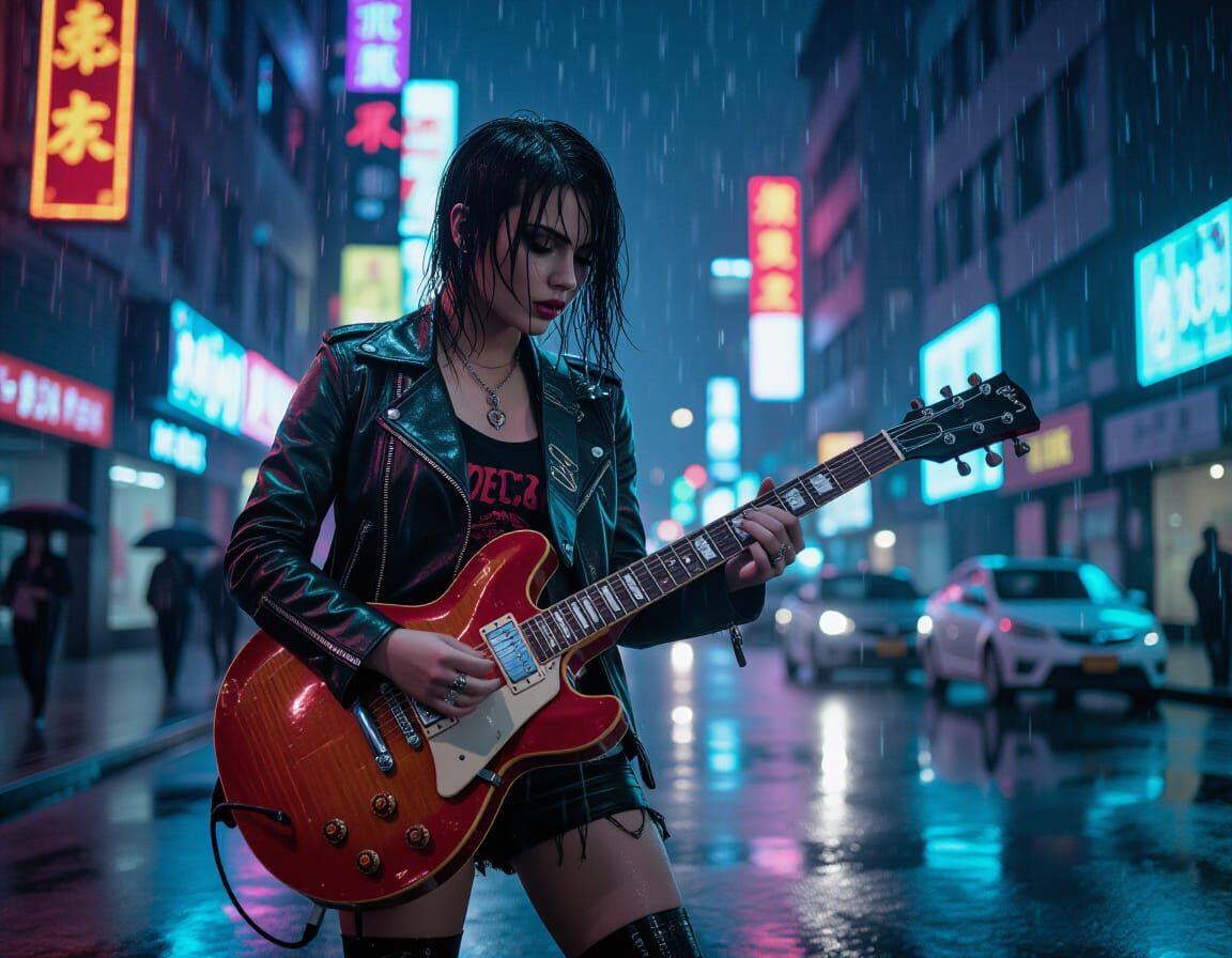Punk Rock Guitarist in Neon City Rain