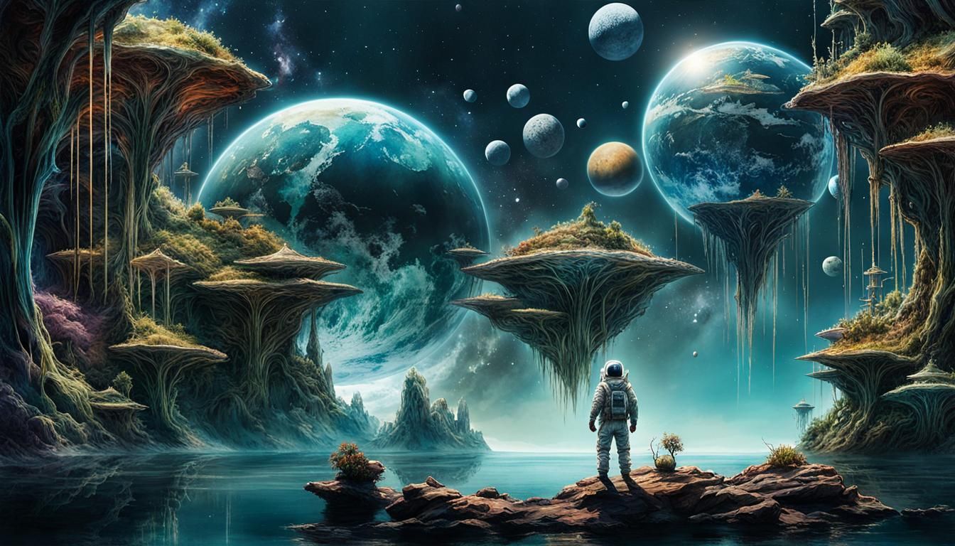 Reflected Spaceman on Alien Planet in Watercolor Style