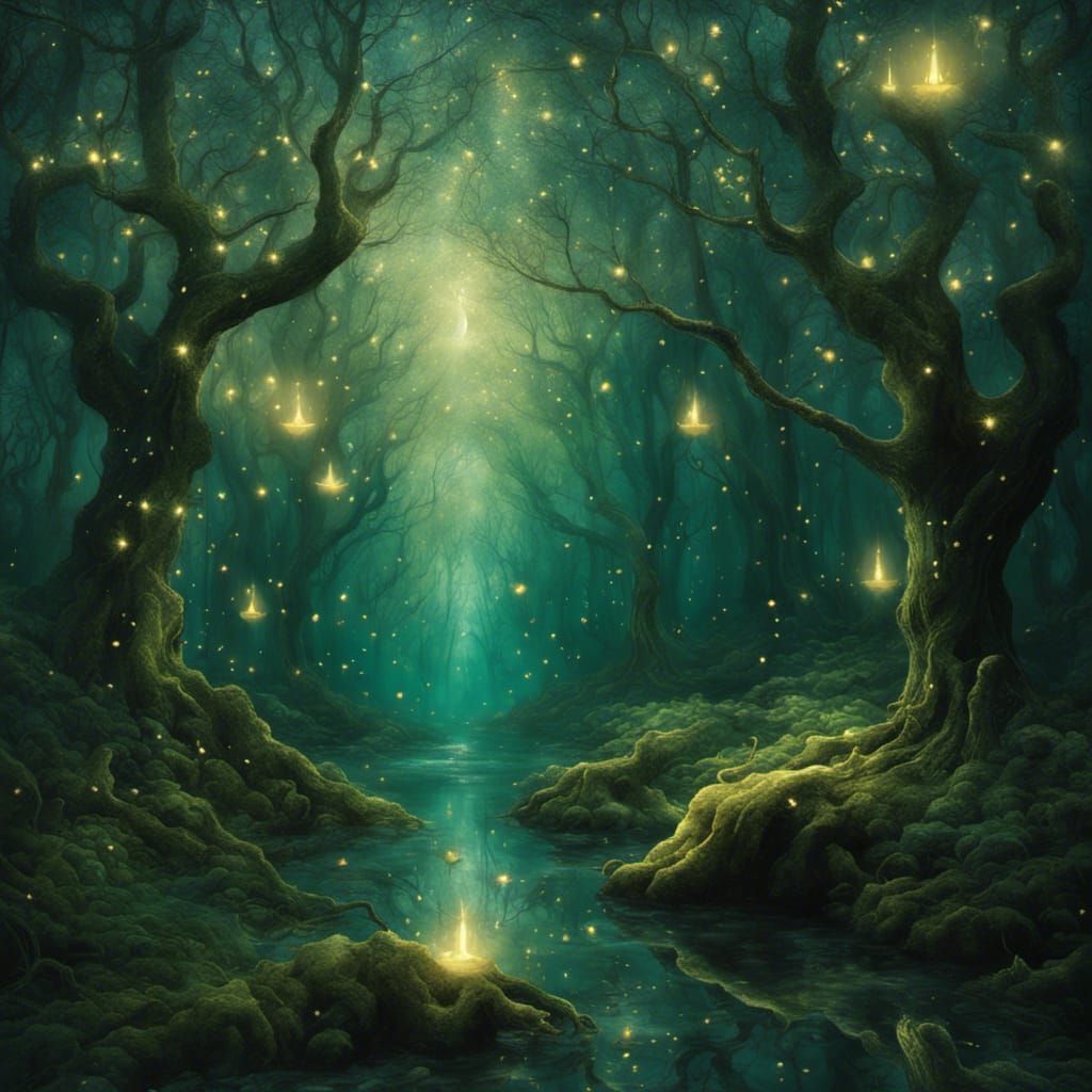 an enchanted forest with sparkling glitter in the air and fantastical