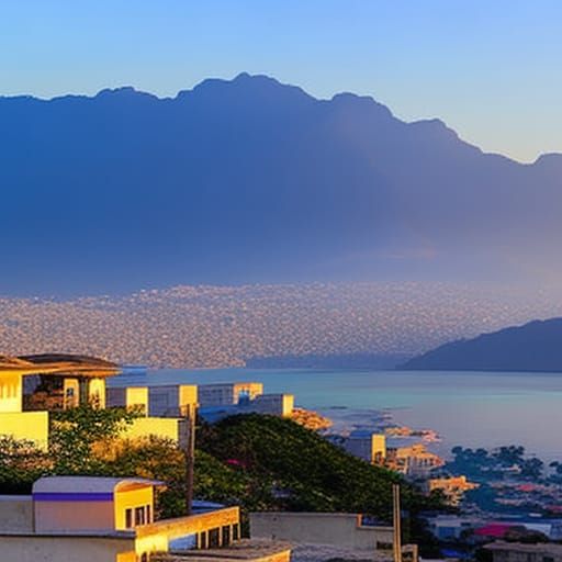 island of Haiti mountains and city district, with sunrise of...