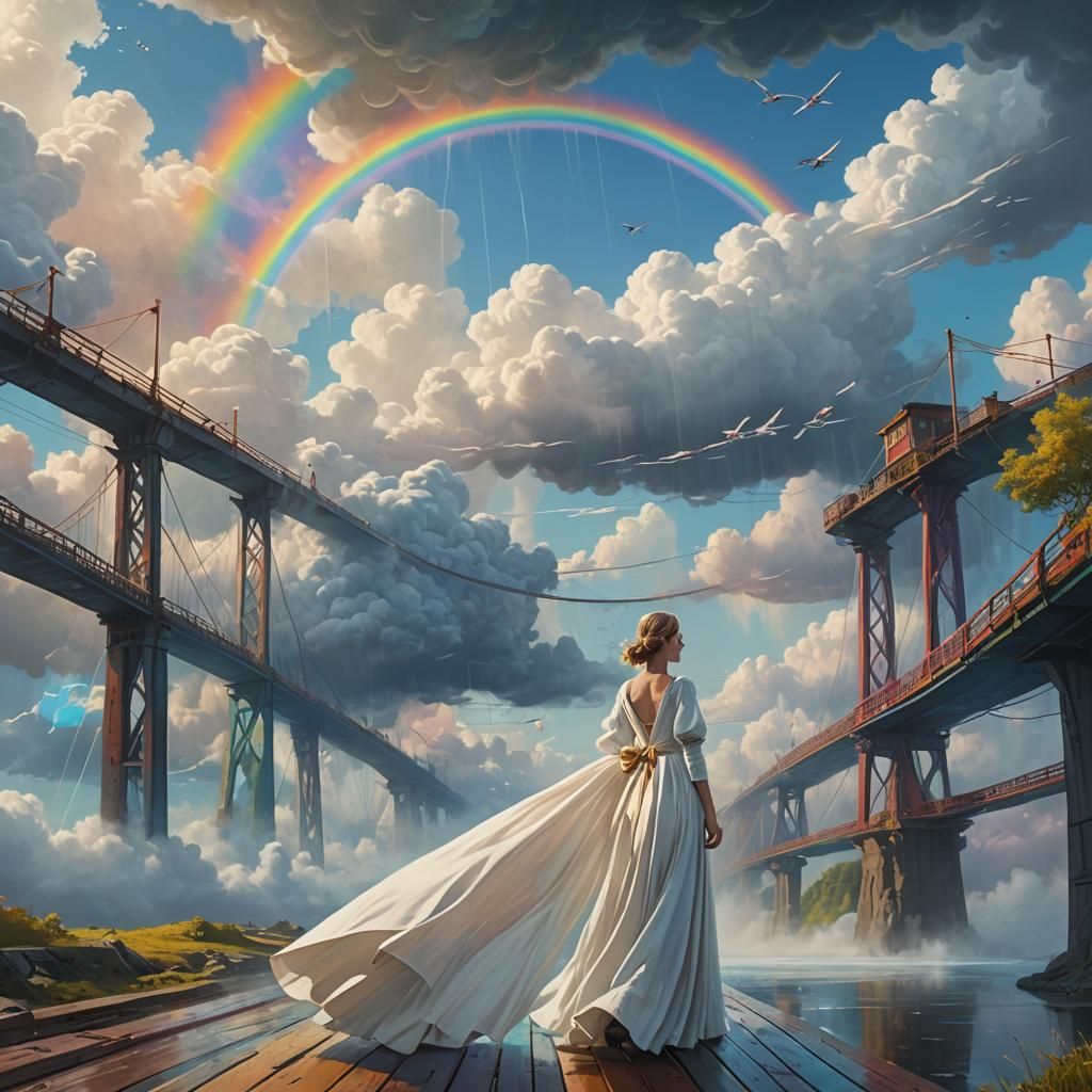 Woman Holds Rainbow Bow in Dreamlike Landscape