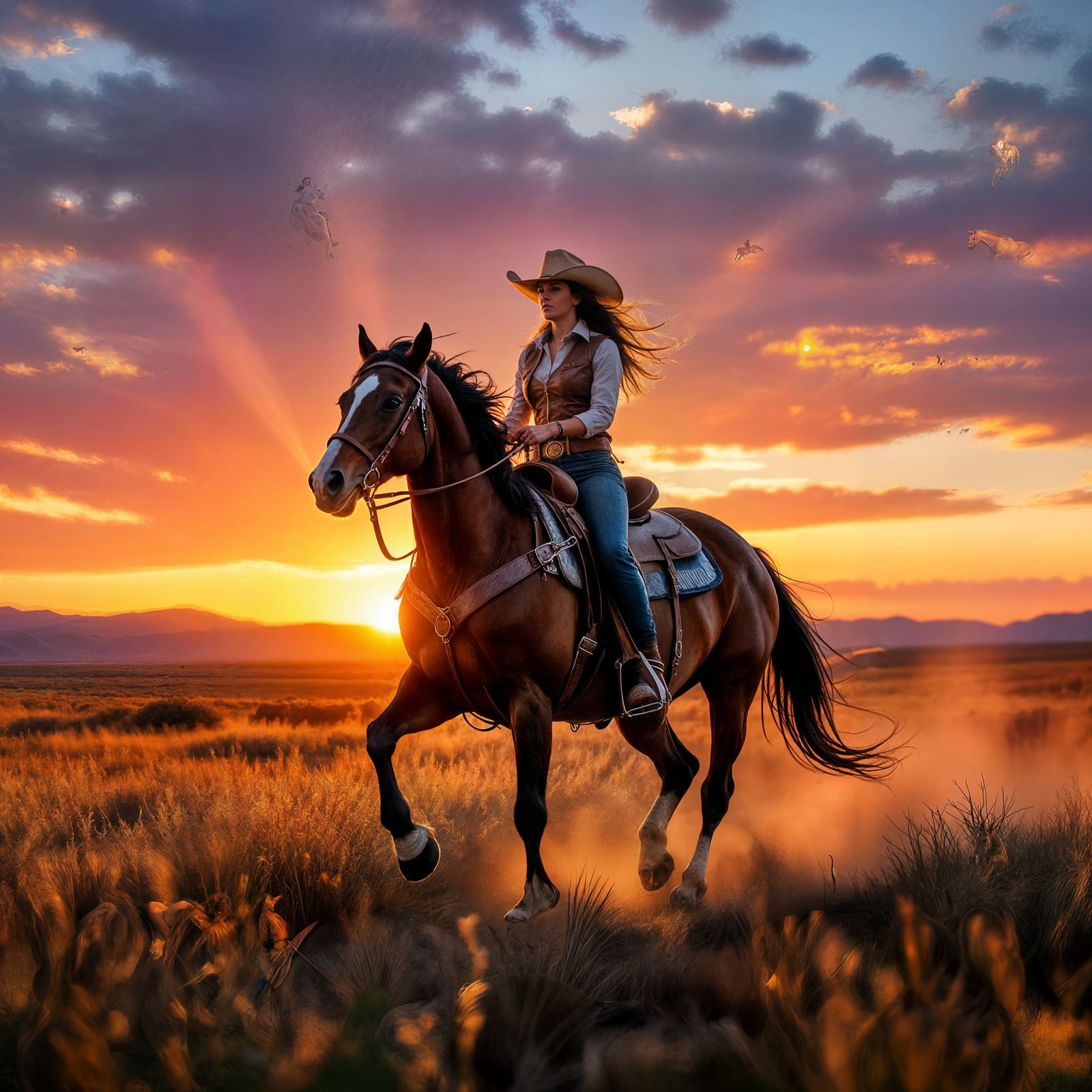 Amazing cowgirl hyper realistic riding a majestic horse with beautiful sunrise hyper realistic  by @Inspo creator