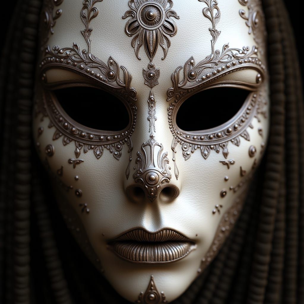 <lora:Hyperreal Fantasy:1.0> Ritual mask of bone and dyed thread used in shadow rites; ultra-sharp focus, pin-sharp detail, photorealistic ...