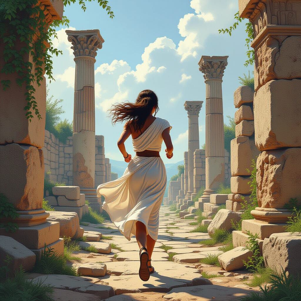 Woman Running Through Ancient Ruins
