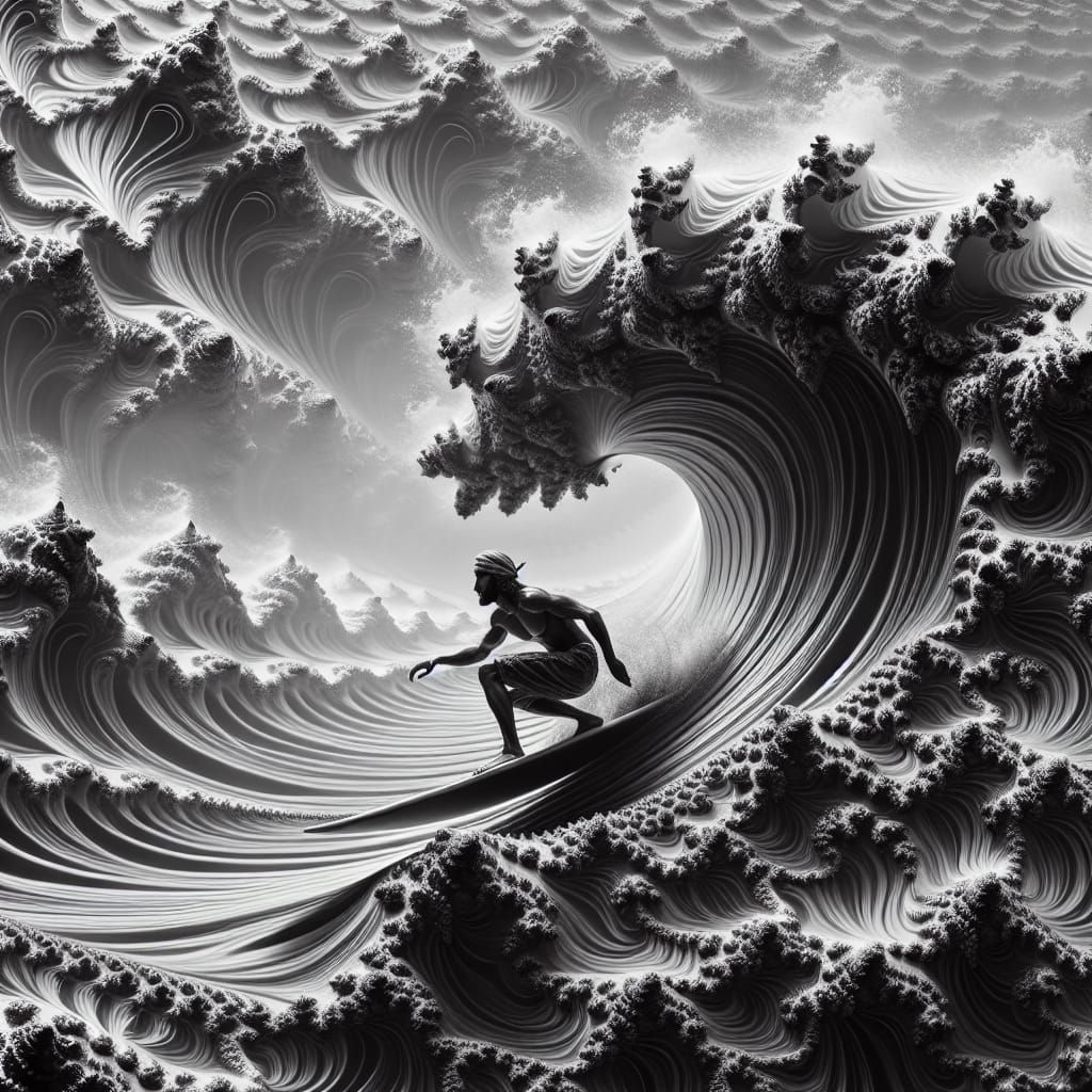 Surrealist Surfer Rides Golden Ratio Waves in Fractal Landsc...