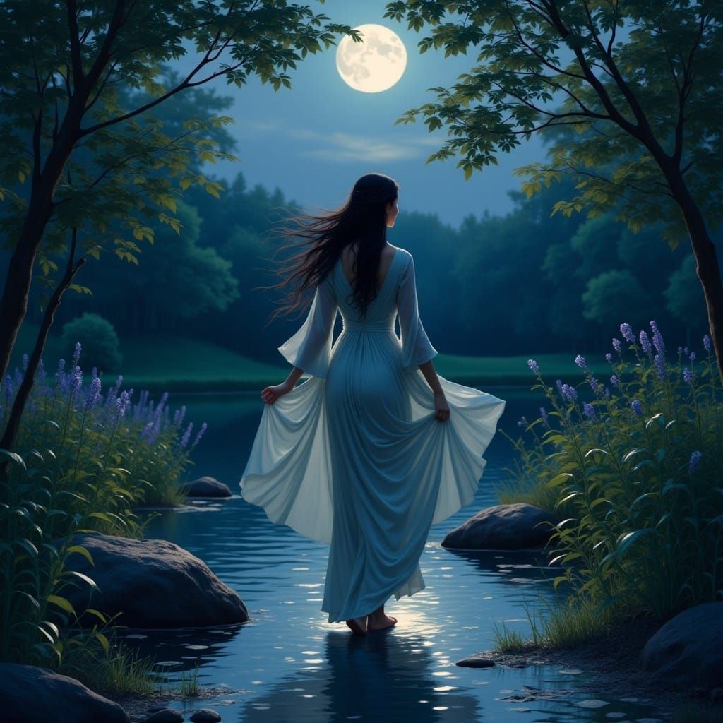 Japanese woman fine dress night moonlight  