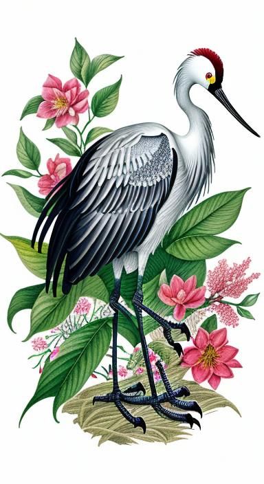 Crane Bird and Orchard Ink Illustration
