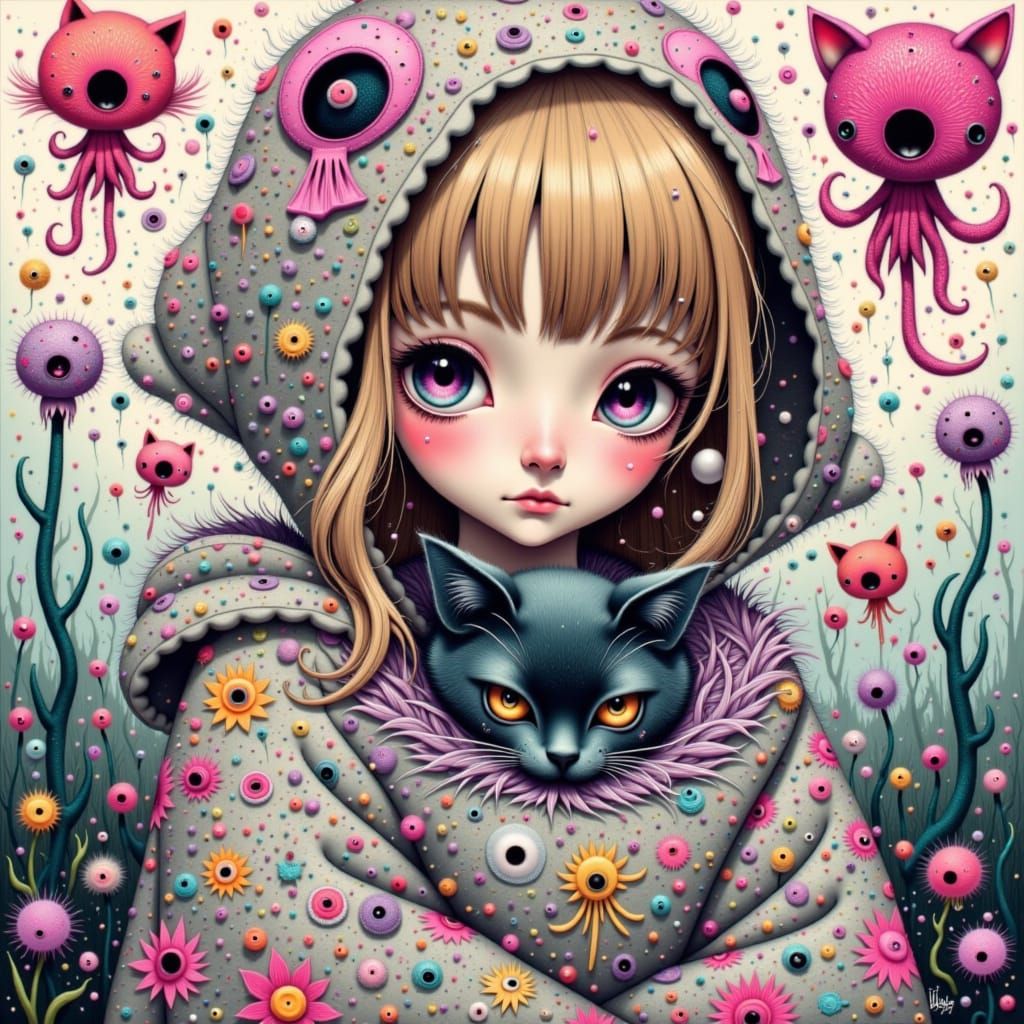 A captivating and enigmatic portrait of a young woman, circa 20s, with fair Caucasian skin, beset by an aura of wistful melancholy, her larg...