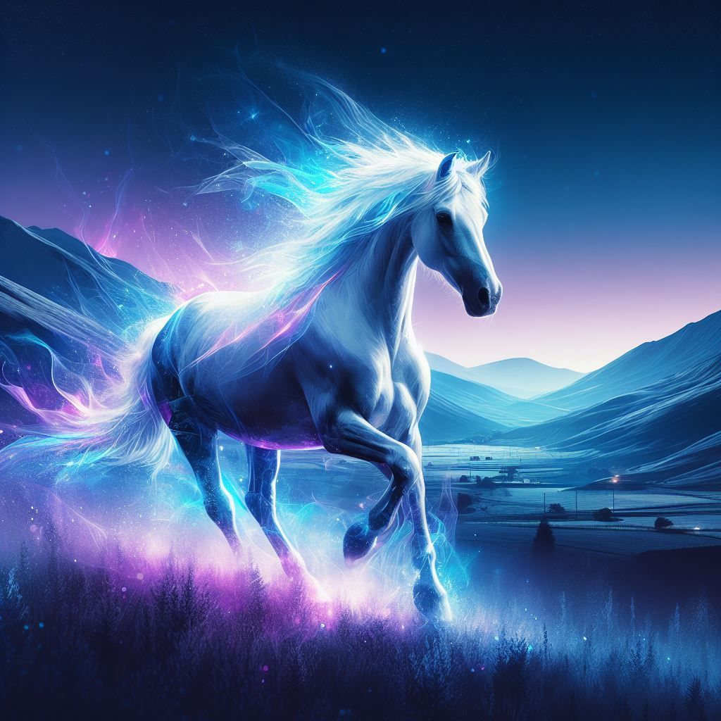 a white horse running through a valley