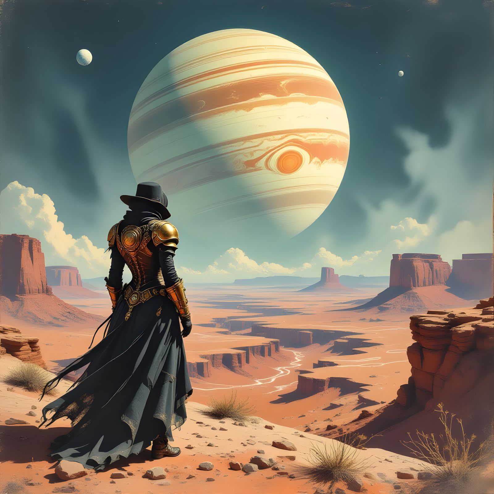 Alien World: Figure Gazing at Gas Giant in Charcoal Sketch