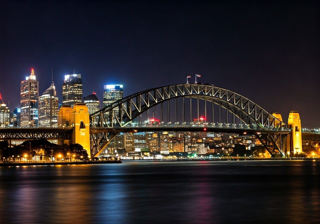 Sydney skyline at night showing the bridge and opera house