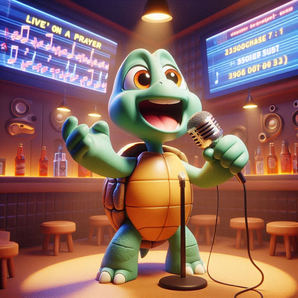 Karaoke turtle singing Bon Jovi songs