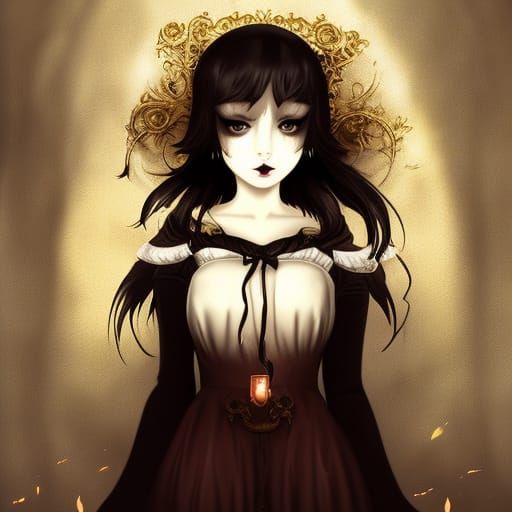 young woman, victorian, wearing a candle, creepy, dark, horr...