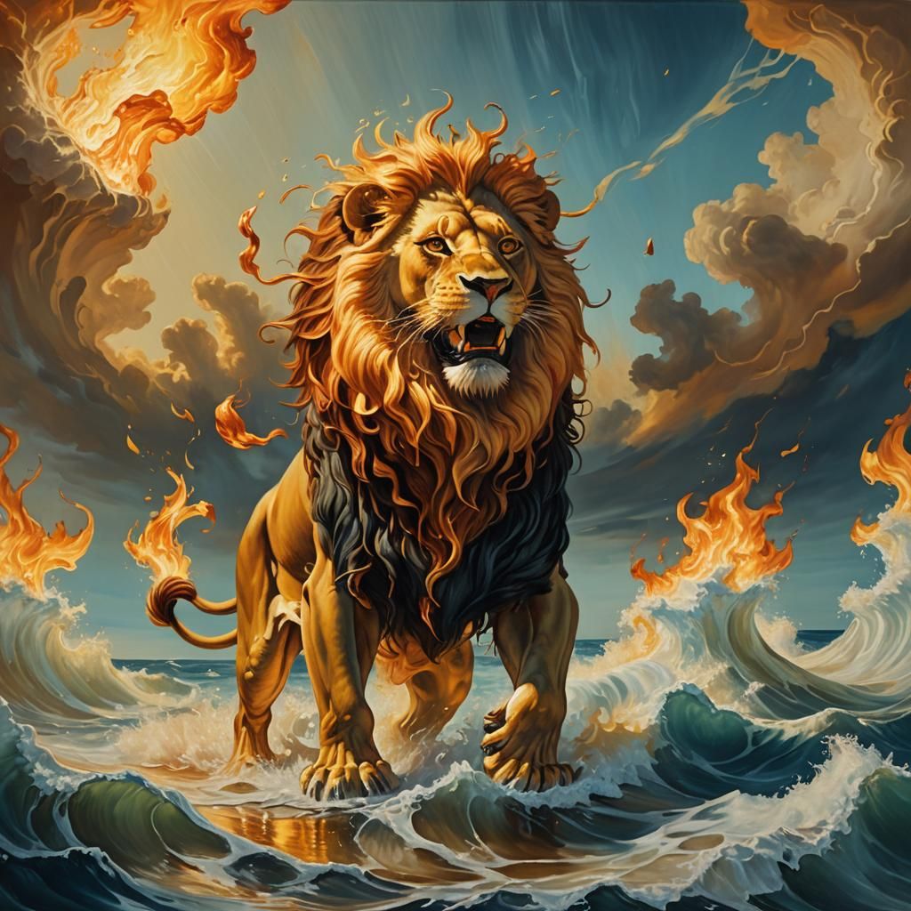 Burning Lion in Ocean: Surrealist Salvador Dali Style