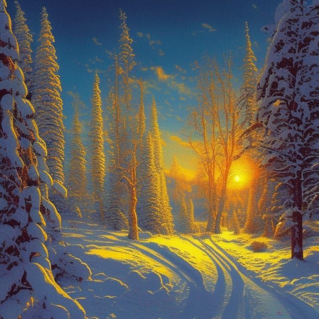 Alpine forest deep shadows winter snow long shadows sunset g...