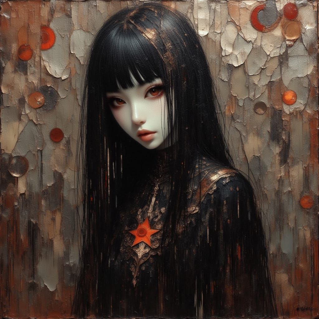 <lora:Goth Grunge Beauty:1.0> heavy extreme smudged oil impasto-style brushwork, An anime manga elegant gorgeous glamorous gothic grunge jap...